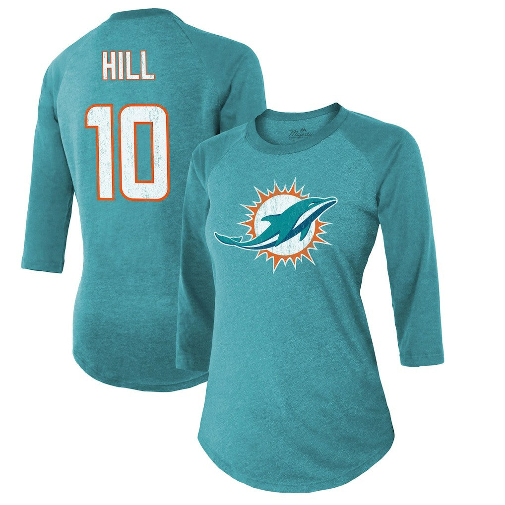 Tyreek Hill Miami Dolphins Majestic Threads Women's Name & Number Raglan 3/4 Sleeve T-Shirt - Aqua cheap