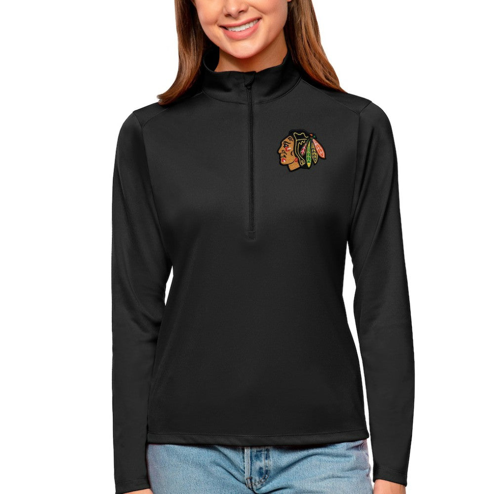 Chicago Blackhawks Antigua Women's Tribute Quarter-Zip Pullover Top Black