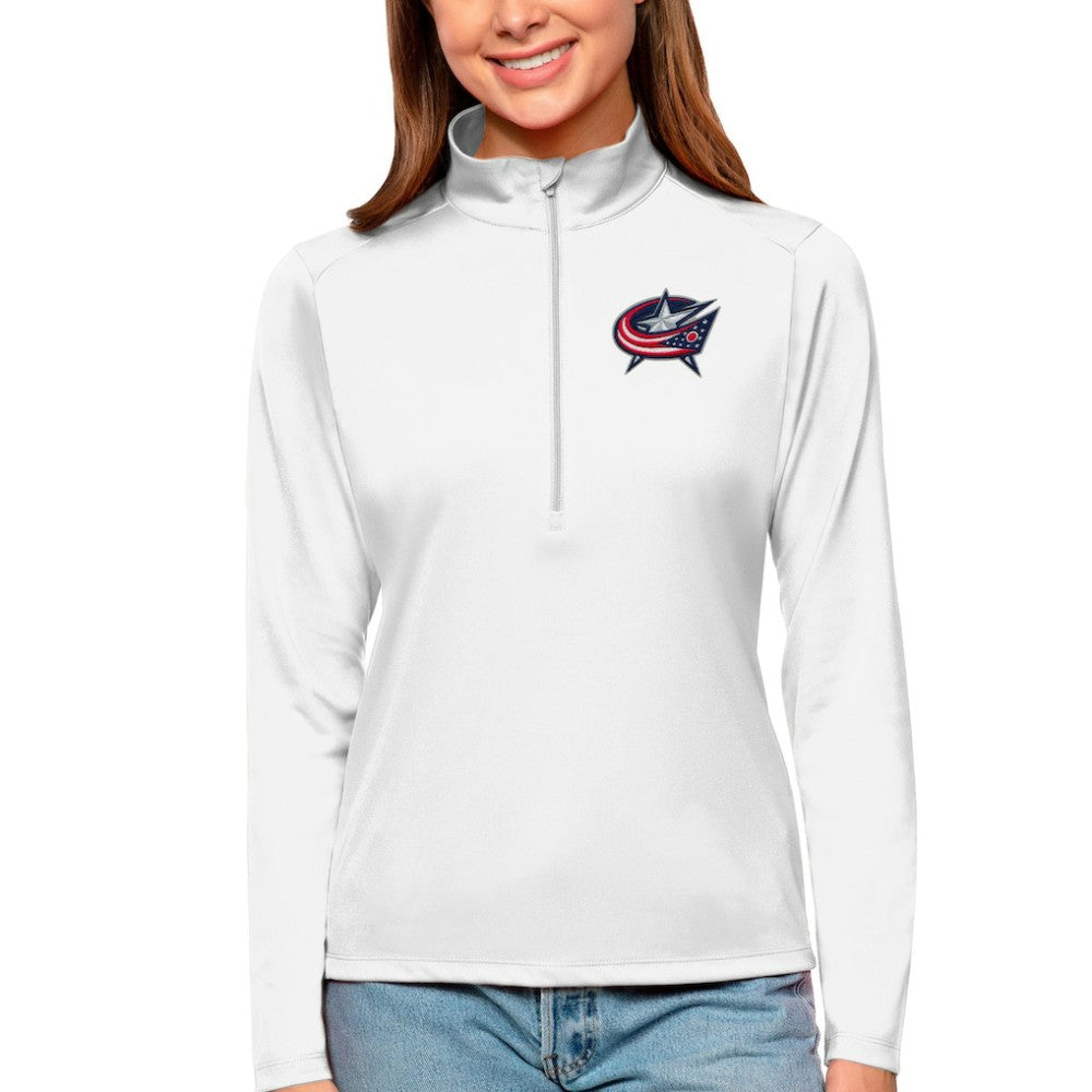 Columbus Blue Jackets Antigua Women's Tribute Quarter-Zip Pullover Top White
