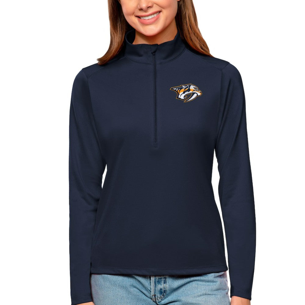 Nashville Predators Antigua Women's Tribute Quarter-Zip Pullover Top Navy