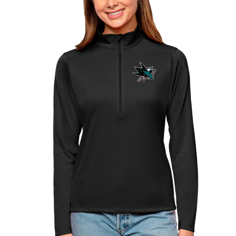 San Jose Sharks Antigua Women's Tribute Quarter-Zip Pullover Top Black