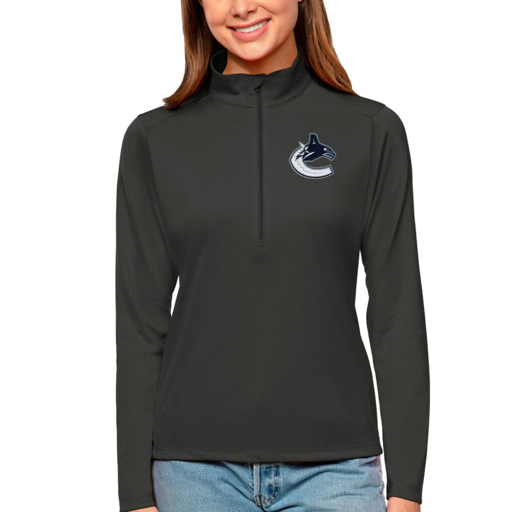 Vancouver Canucks Antigua Women's Tribute Quarter-Zip Pullover Top Charcoal