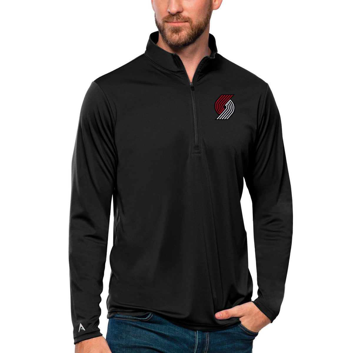 Portland Trail Blazers Antigua Tribute Quarter-Zip Pullover Top - Black on sale