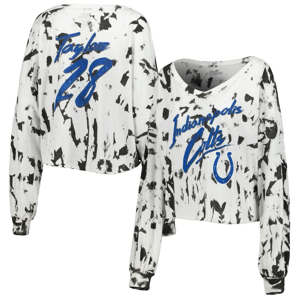 Jonathan Taylor Indianapolis Colts Majestic Threads Women's Off-Shoulder Tie-Dye Name & Number Cropped Long Sleeve V-Neck T-Shirt - White on sale