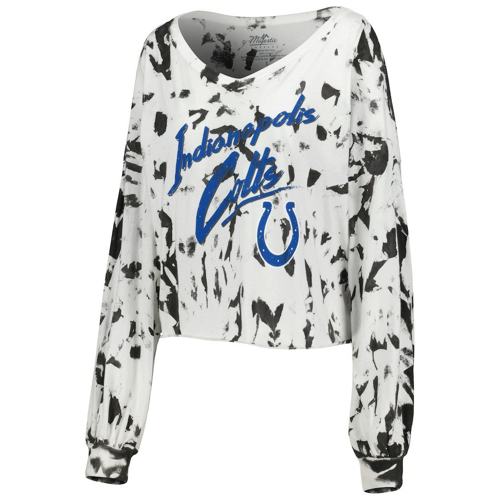 Jonathan Taylor Indianapolis Colts Majestic Threads Women's Off-Shoulder Tie-Dye Name & Number Cropped Long Sleeve V-Neck T-Shirt - White on sale