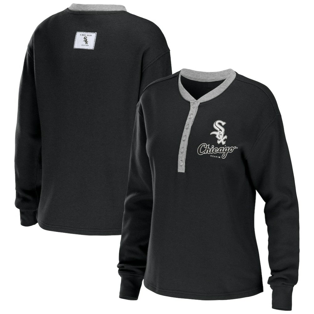 Chicago White Sox WEAR by Erin Andrews Women's Waffle Henley Long Sleeve T-Shirt - Black
