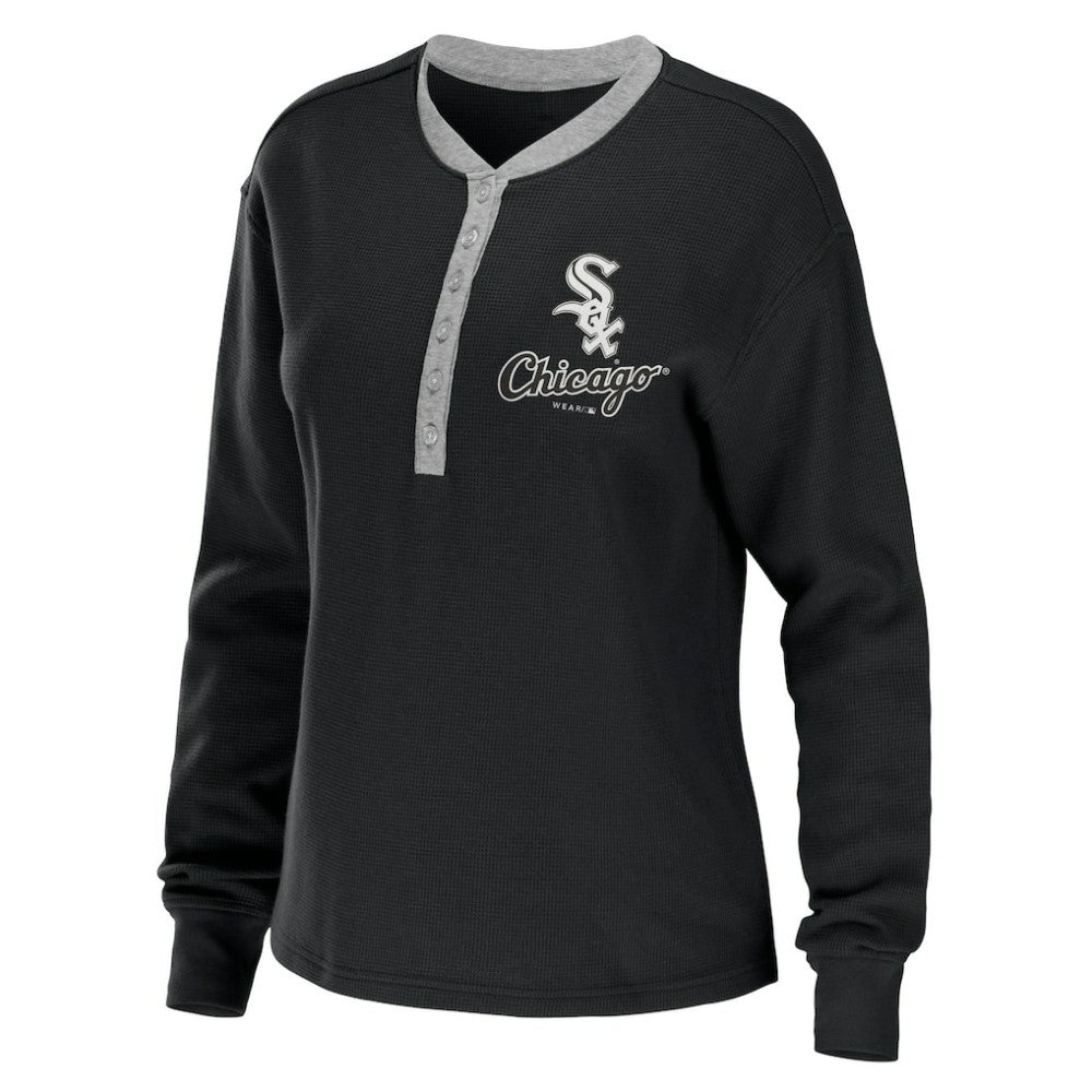 Chicago White Sox WEAR by Erin Andrews Women's Waffle Henley Long Sleeve T-Shirt - Black