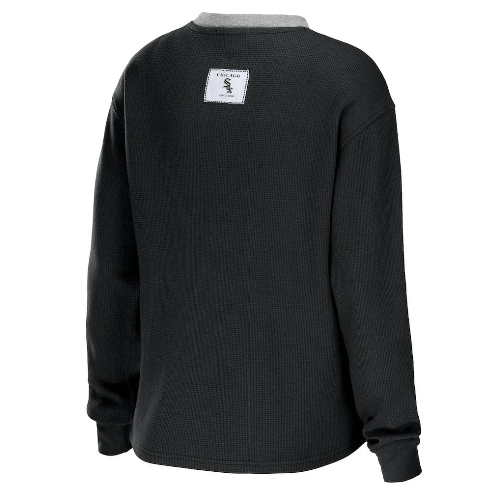 Chicago White Sox WEAR by Erin Andrews Women's Waffle Henley Long Sleeve T-Shirt - Black