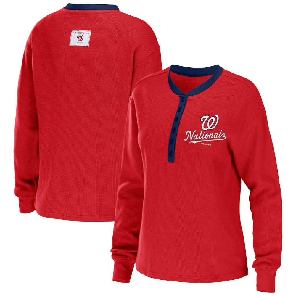 Washington Nationals WEAR by Erin Andrews Women's Waffle Henley Long Sleeve T-Shirt - Red