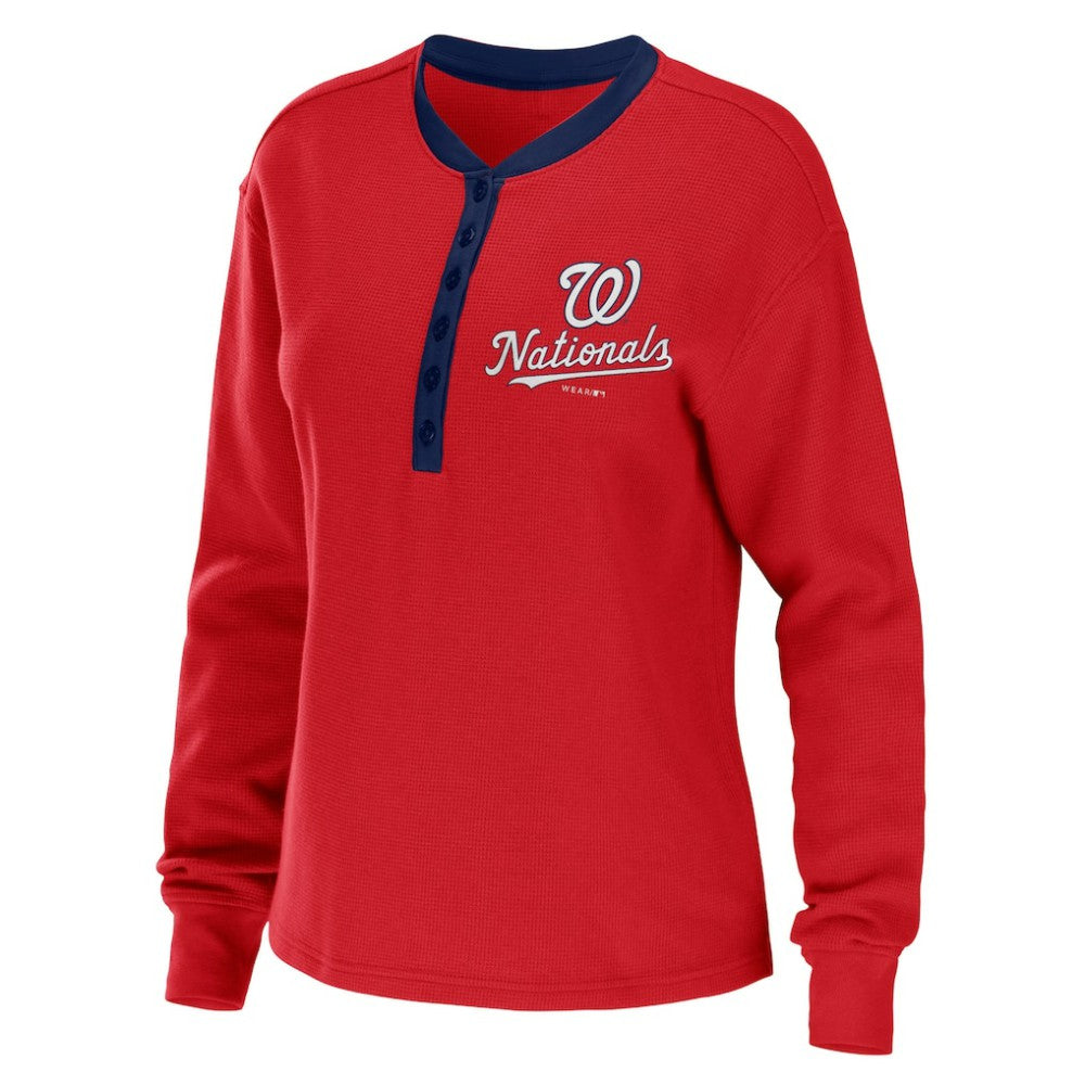 Washington Nationals WEAR by Erin Andrews Women's Waffle Henley Long Sleeve T-Shirt - Red