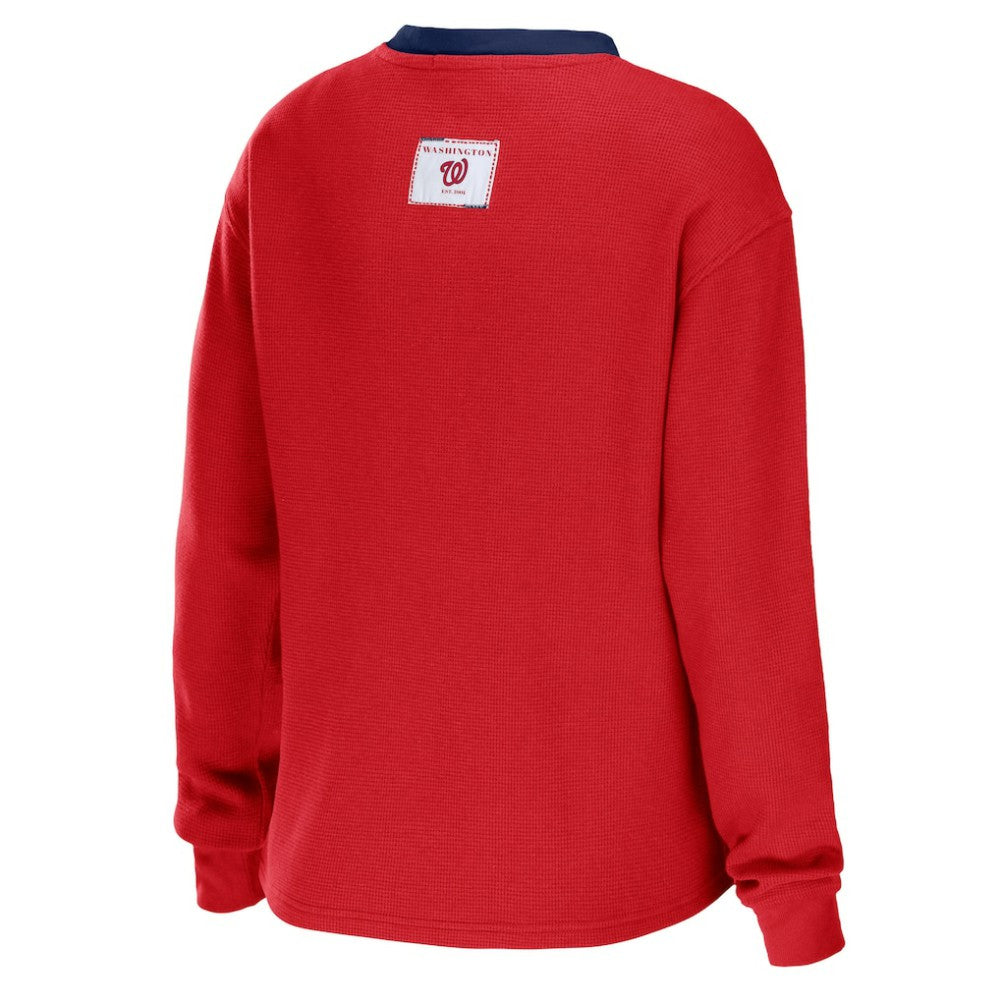 Washington Nationals WEAR by Erin Andrews Women's Waffle Henley Long Sleeve T-Shirt - Red
