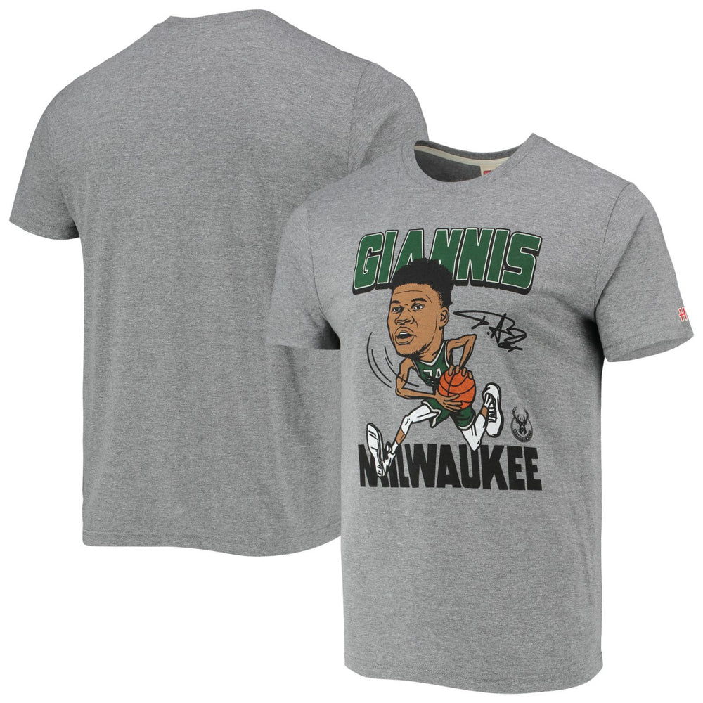 Giannis Antetokounmpo Milwaukee Bucks Homage Caricature Tri-Blend T-Shirt - Heathered Gray discount