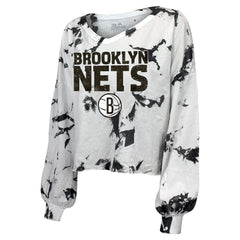 Brooklyn Nets Majestic Threads Women's Aquarius Tie-Dye Cropped V-Neck Long Sleeve T-Shirt - White/Black sale