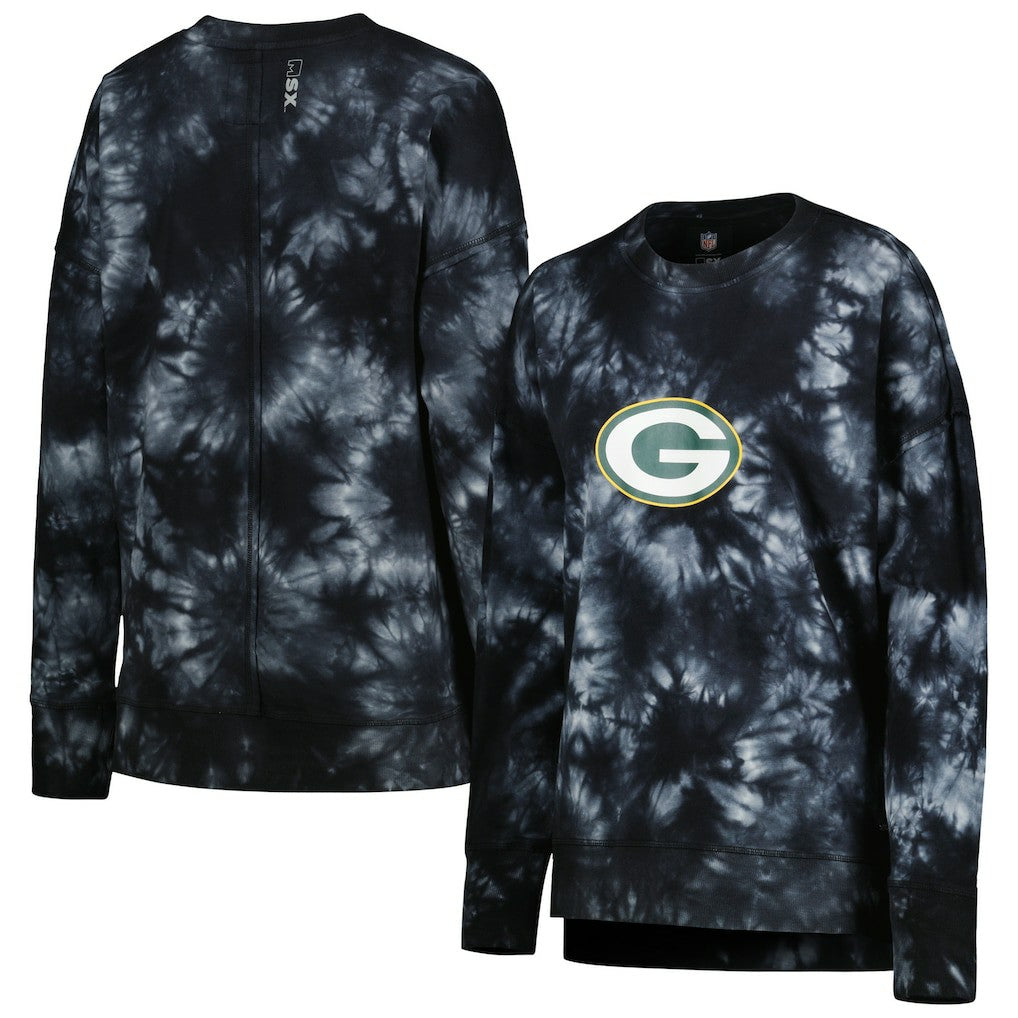 Green Bay Packers MSX by Michael Strahan Women's Bailey Tie-Dye Tri-Blend Pullover Sweatshirt - Black discount