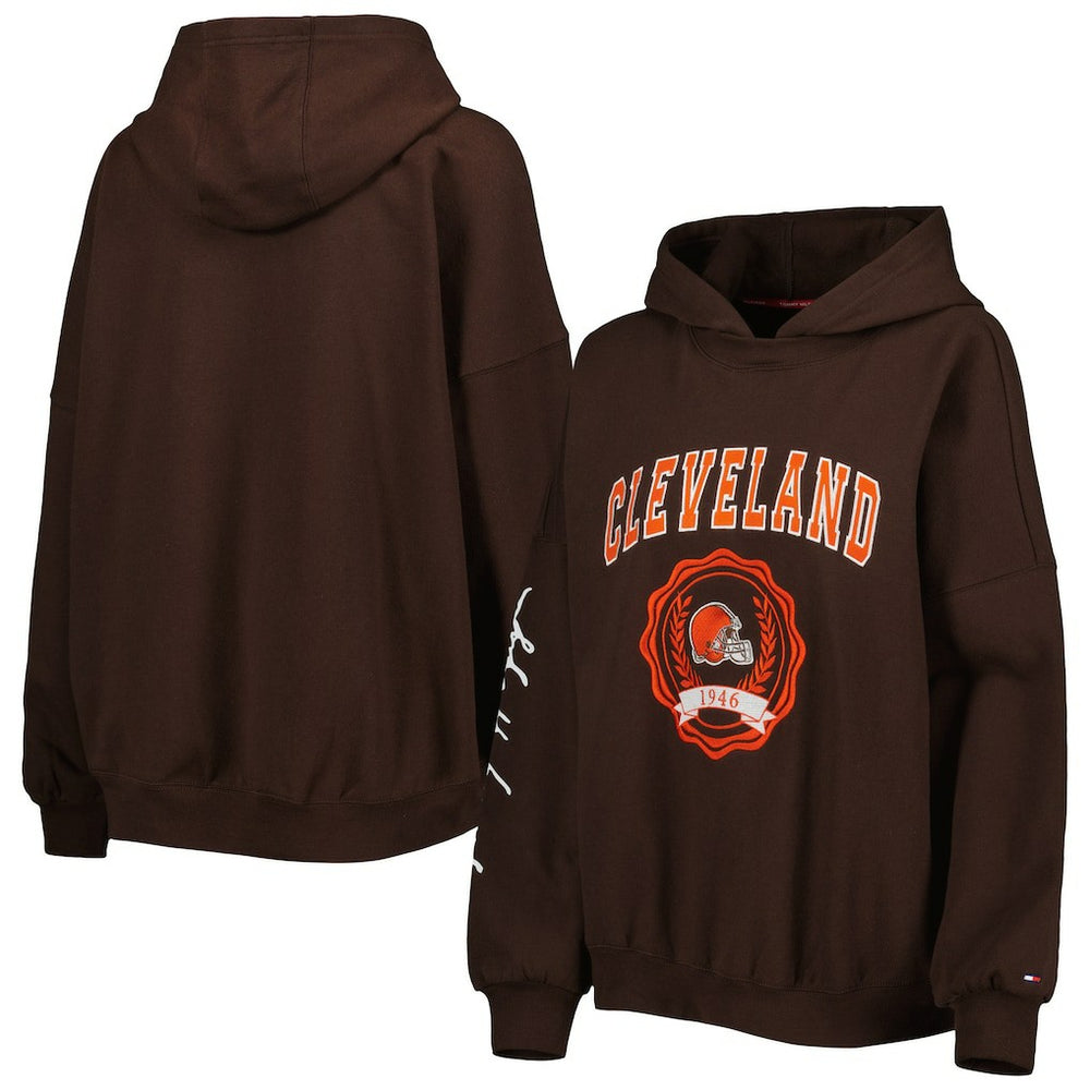 Cleveland Browns Tommy Hilfiger Women's Becca Drop Shoulder Pullover Hoodie - Brown for sale