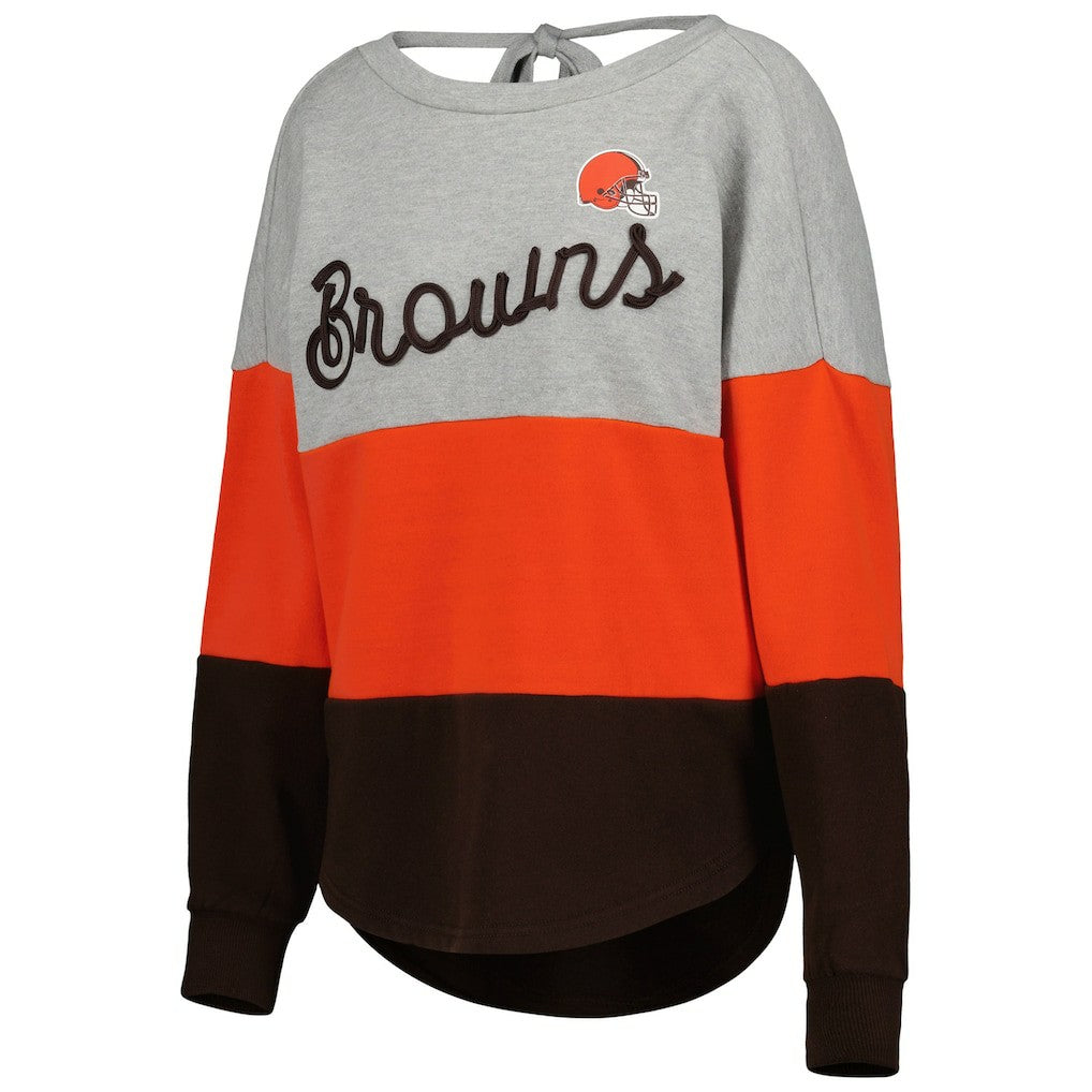 Cleveland Browns Touch Women's Outfield Deep V-Back Waist Length Pullover Sweatshirt - Heather Gray/Brown discount