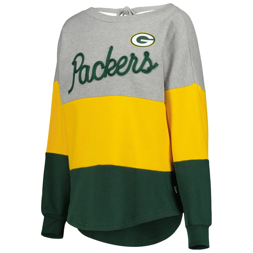 Green Bay Packers Touch Women's Outfield Deep V-Back Waist Length Pullover Sweatshirt - Heather Gray/Green discount