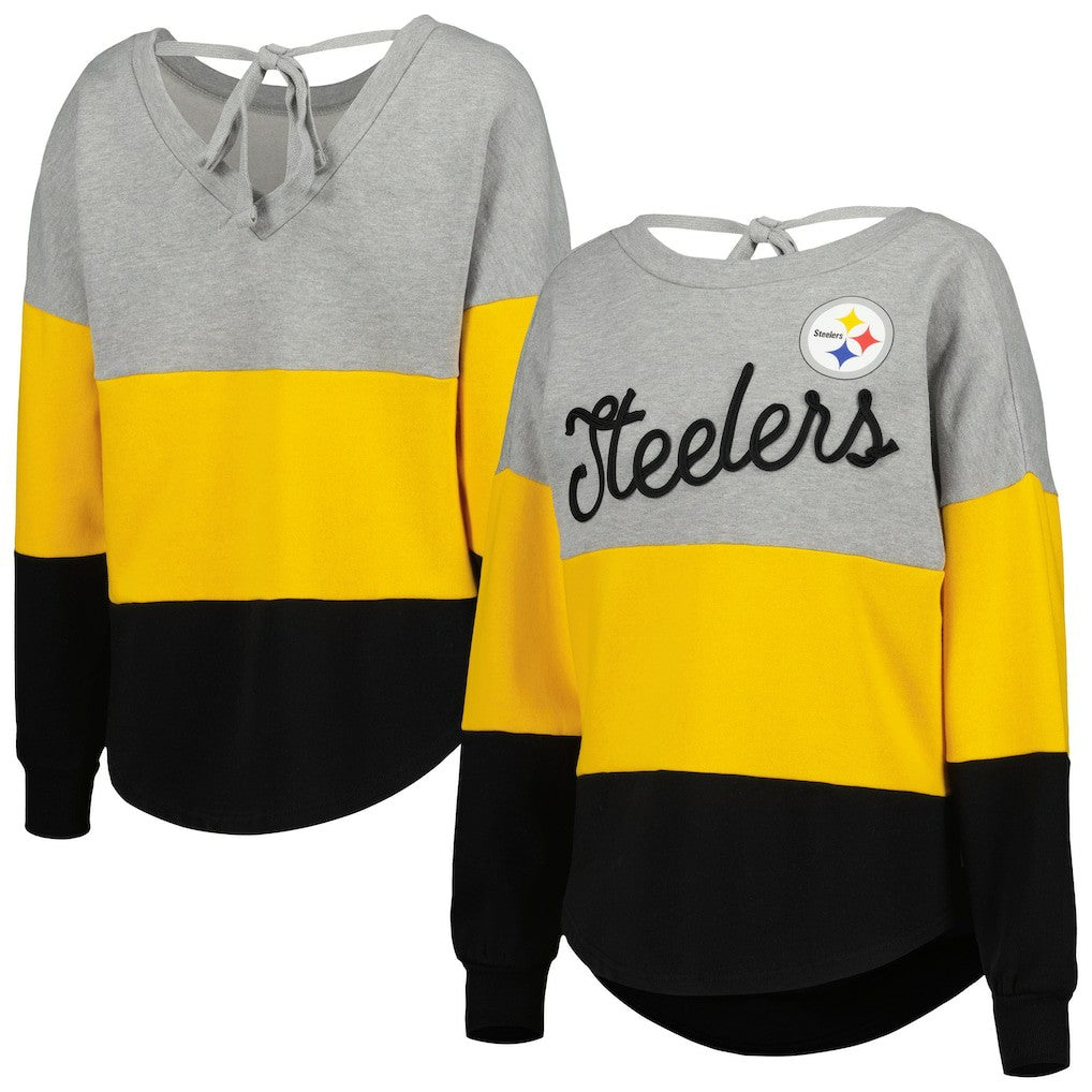 Pittsburgh Steelers Touch Women's Outfield Deep V-Back Waist Length Pullover Sweatshirt - Heather Gray/Black sale