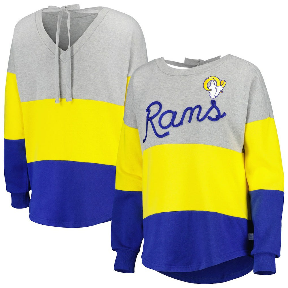 Los Angeles Rams Touch Women's Outfield Deep V-Back Waist Length Pullover Sweatshirt - Heather Gray/Royal outlet