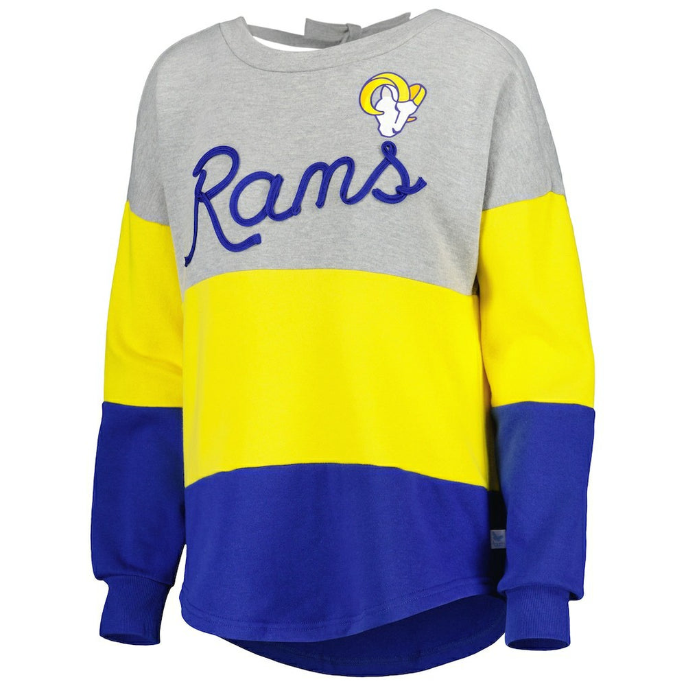 Los Angeles Rams Touch Women's Outfield Deep V-Back Waist Length Pullover Sweatshirt - Heather Gray/Royal outlet