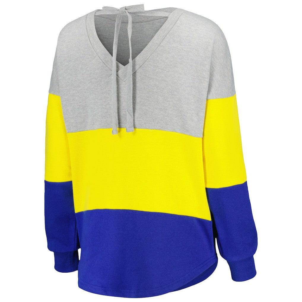 Los Angeles Rams Touch Women's Outfield Deep V-Back Waist Length Pullover Sweatshirt - Heather Gray/Royal outlet