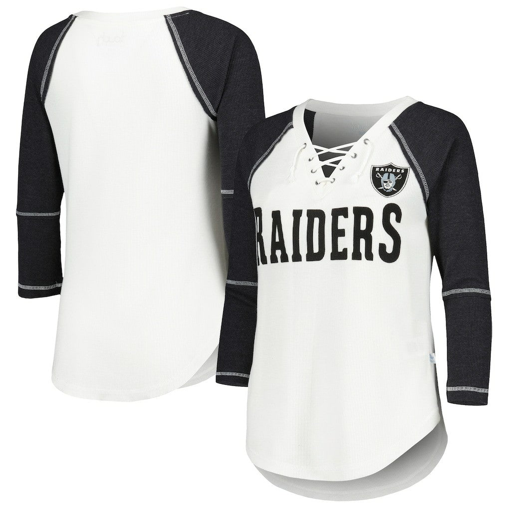 Las Vegas Raiders Touch Women's Rebel Raglan Tri-Blend 3/4-Sleeve Lace-Up V-Neck T-Shirt - White/Black discount