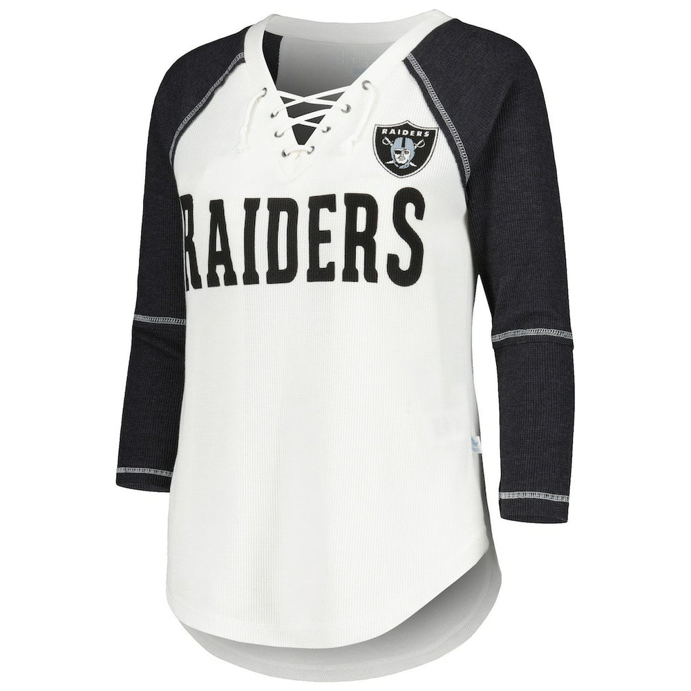 Las Vegas Raiders Touch Women's Rebel Raglan Tri-Blend 3/4-Sleeve Lace-Up V-Neck T-Shirt - White/Black discount