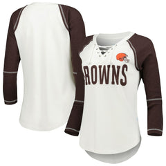 Cleveland Browns Touch Women's Rebel Raglan Tri-Blend 3/4-Sleeve Lace-Up V-Neck T-Shirt - White/Brown on sale
