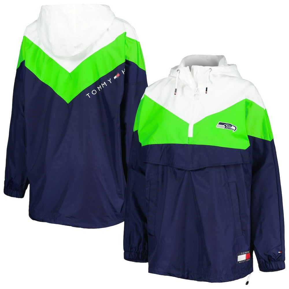 Seattle Seahawks Tommy Hilfiger Women's Staci Half-Zip Hoodie Windbreaker Jacket - White/Neon Green outlet