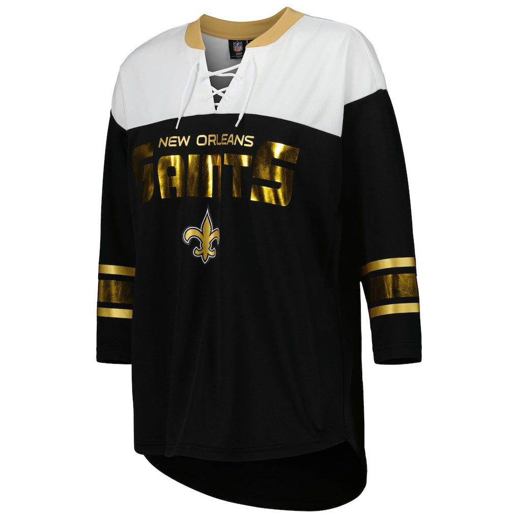 New Orleans Saints G-III 4Her by Carl Banks Women's Double Team 3/4-Sleeve Lace-Up T-Shirt - Black/White sale