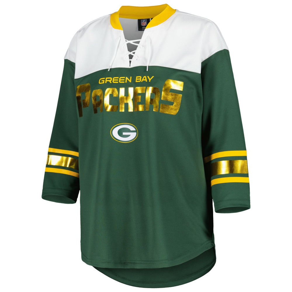 Green Bay Packers G-III 4Her by Carl Banks Women's Double Team 3/4-Sleeve Lace-Up T-Shirt - Green/White on sale