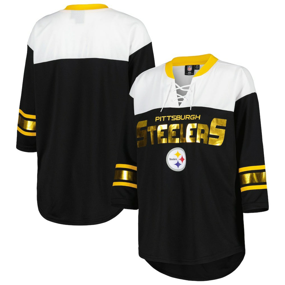 Pittsburgh Steelers G-III 4Her by Carl Banks Women's Double Team 3/4-Sleeve Lace-Up T-Shirt - Black/White on sale