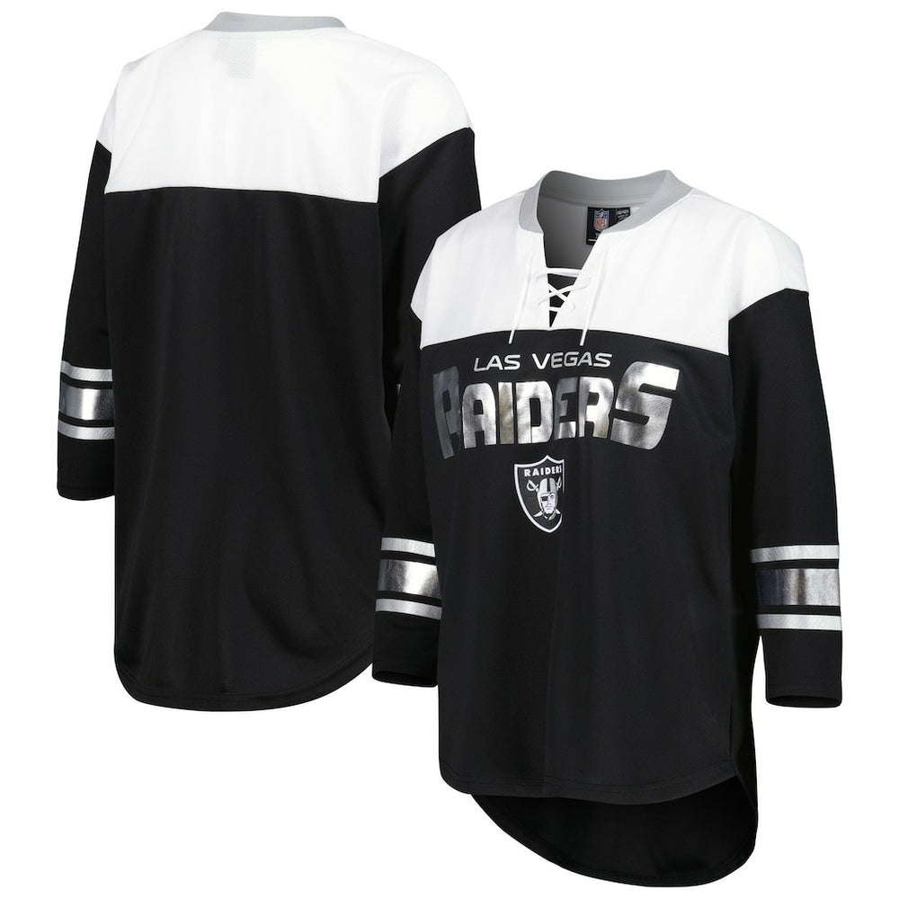 Las Vegas Raiders G-III 4Her by Carl Banks Women's Double Team 3/4-Sleeve Lace-Up T-Shirt - Black/White cheap