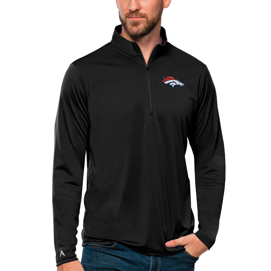Denver Broncos Antigua Tribute Quarter-Zip Lightweight Pullover Top - Black sale