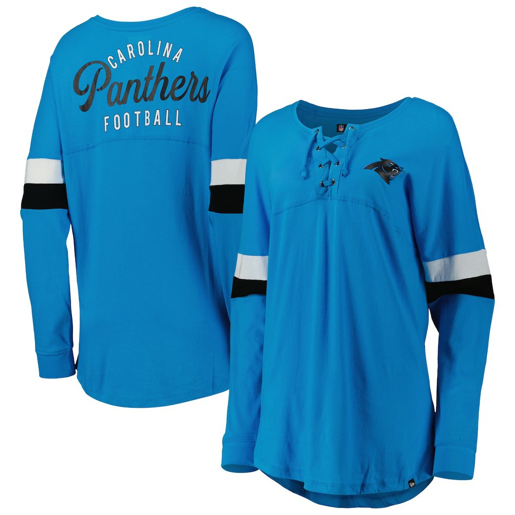 Carolina Panthers New Era Women's Athletic Varsity Lace-Up Lightweight Long Sleeve T-Shirt - Blue outlet