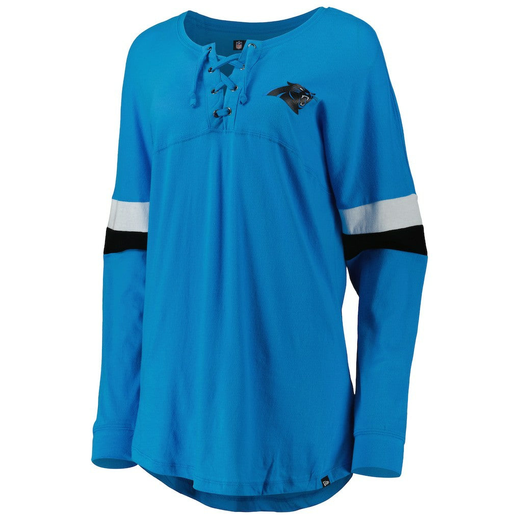 Carolina Panthers New Era Women's Athletic Varsity Lace-Up Lightweight Long Sleeve T-Shirt - Blue outlet
