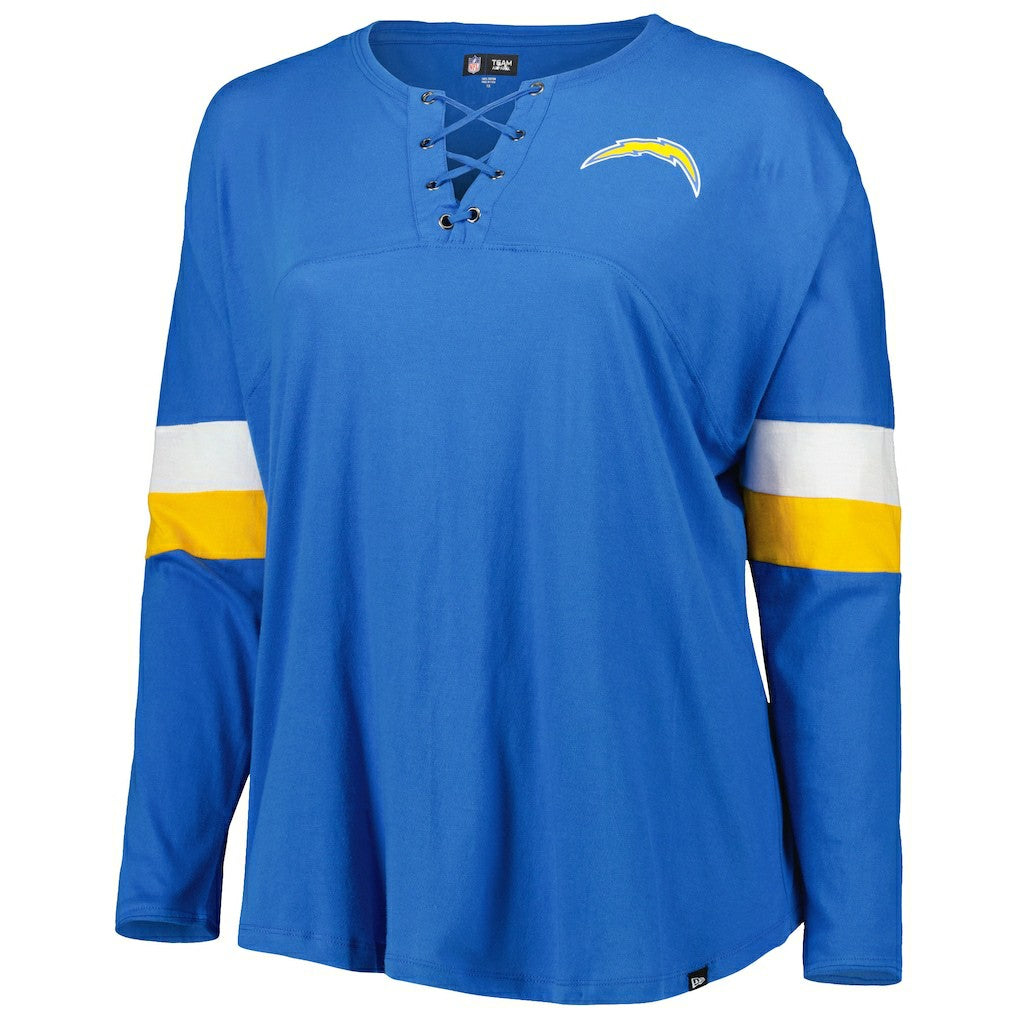 Los Angeles Chargers New Era Women's Plus Size Athletic Varsity Lace-Up V-Neck Long Sleeve T-Shirt - Powder Blue for sale