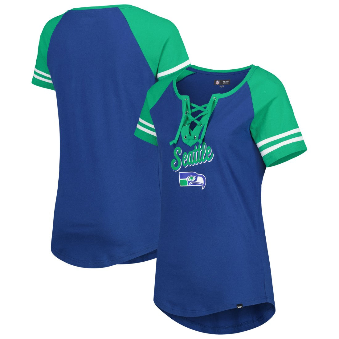 Seattle Seahawks New Era Women's Legacy Lace-Up Raglan T-Shirt - Royal/Green discount