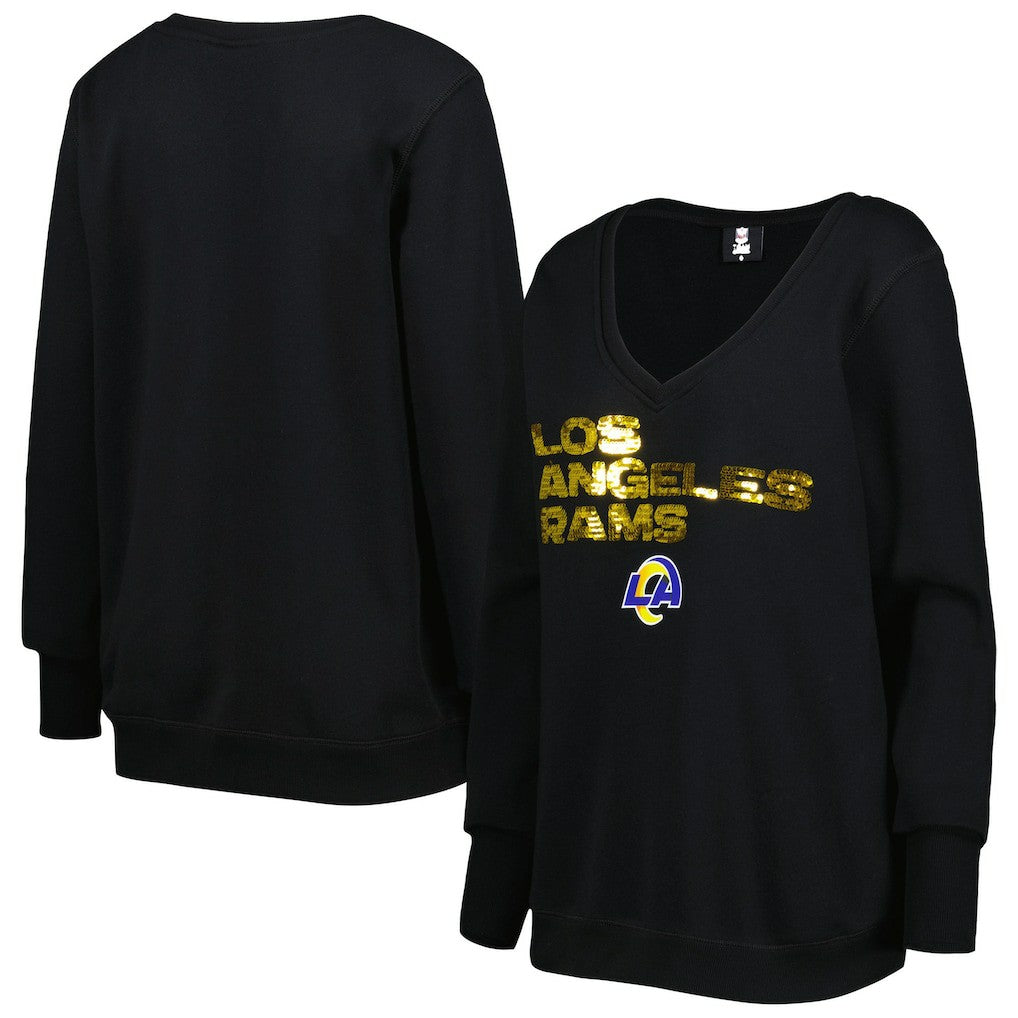 Los Angeles Rams Cuce Women's Sequin Logo V-Neck Pullover Sweatshirt - Black for sale