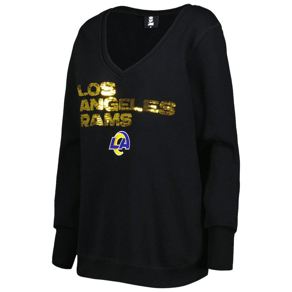 Los Angeles Rams Cuce Women's Sequin Logo V-Neck Pullover Sweatshirt - Black for sale