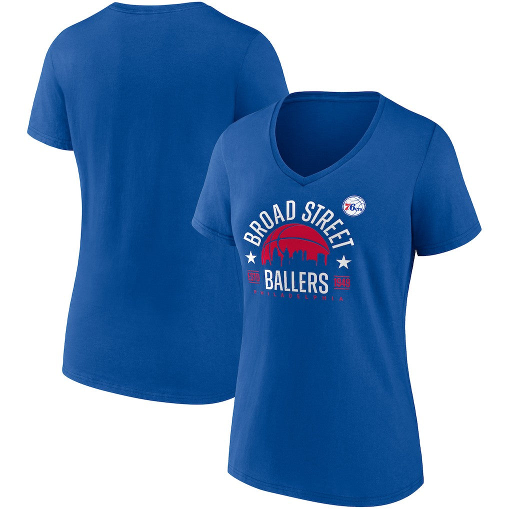 Philadelphia 76ers Women's Hometown Collection Broad Street Ballers V-Neck T-Shirt - Royal | Fanatics for sale