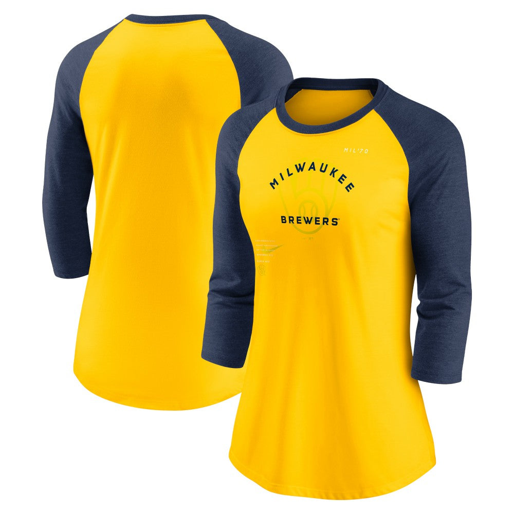 Milwaukee Brewers Women's Next Up Tri-Blend Raglan 3/4-Sleeve T-Shirt - Gold/Navy | Nike