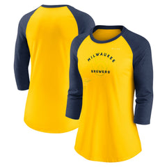 Milwaukee Brewers Women's Next Up Tri-Blend Raglan 3/4-Sleeve T-Shirt - Gold/Navy | Nike