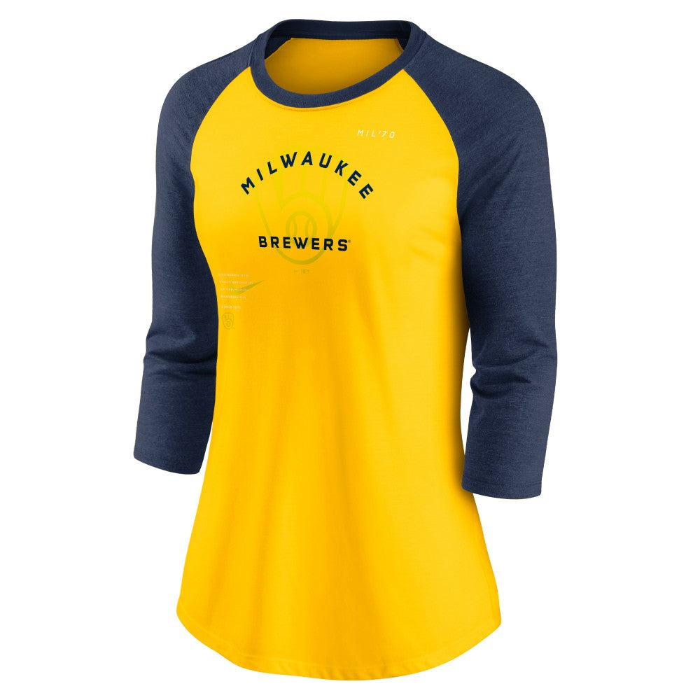 Milwaukee Brewers Women's Next Up Tri-Blend Raglan 3/4-Sleeve T-Shirt - Gold/Navy | Nike