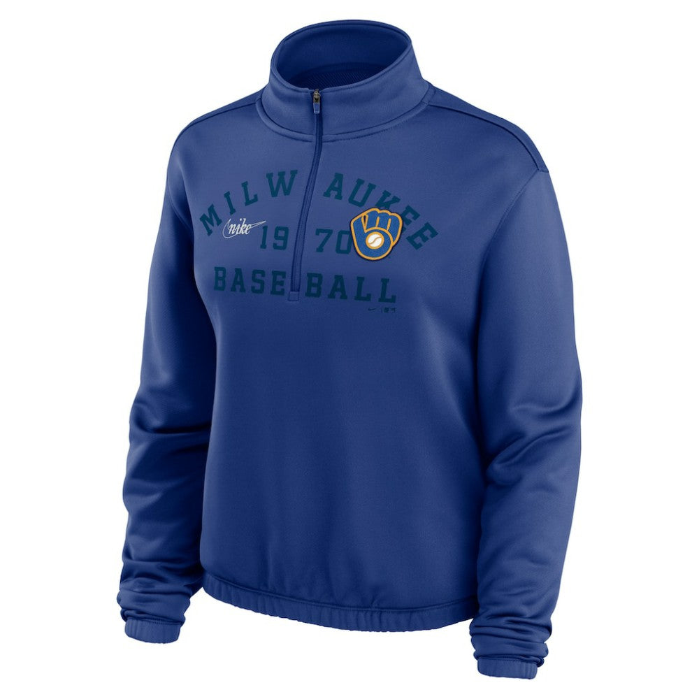 Milwaukee Brewers Women's Rewind Splice Half-Zip Semi-Cropped Bubble Hem Sweatshirt - Royal | Nike