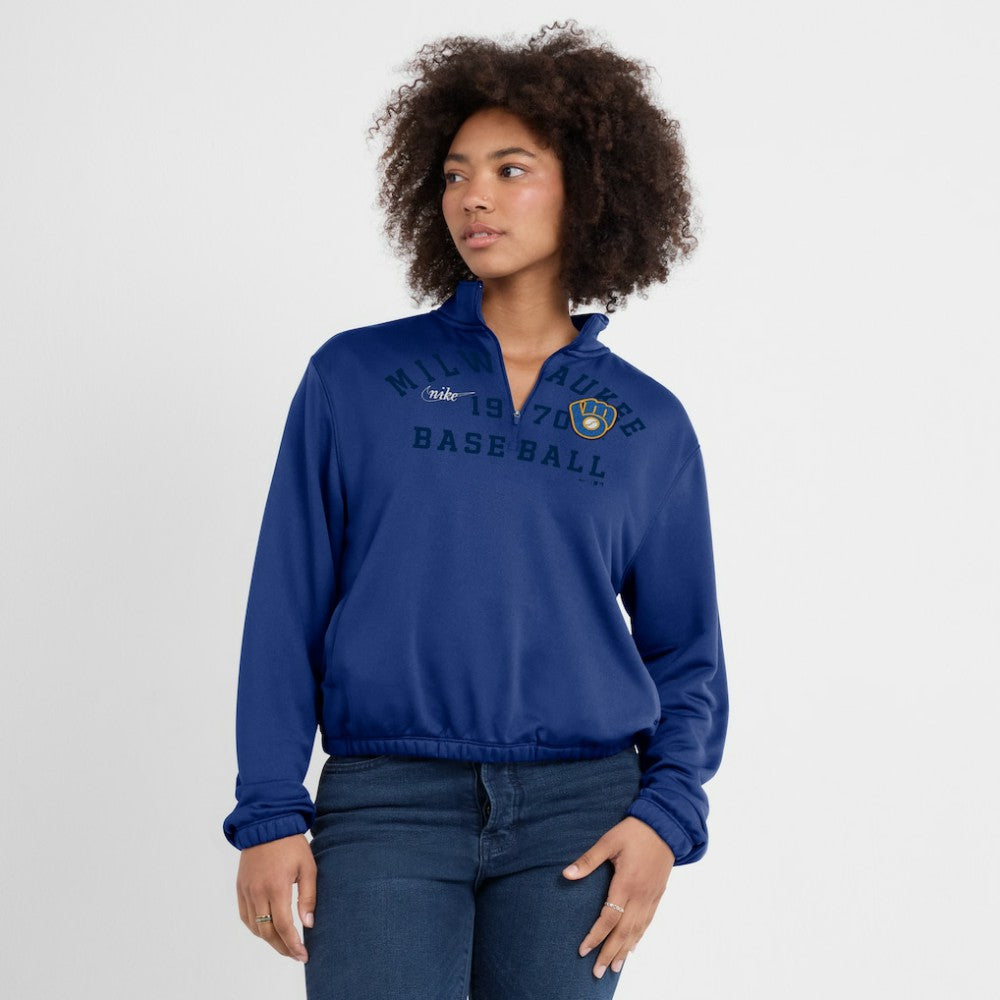 Milwaukee Brewers Women's Rewind Splice Half-Zip Semi-Cropped Bubble Hem Sweatshirt - Royal | Nike