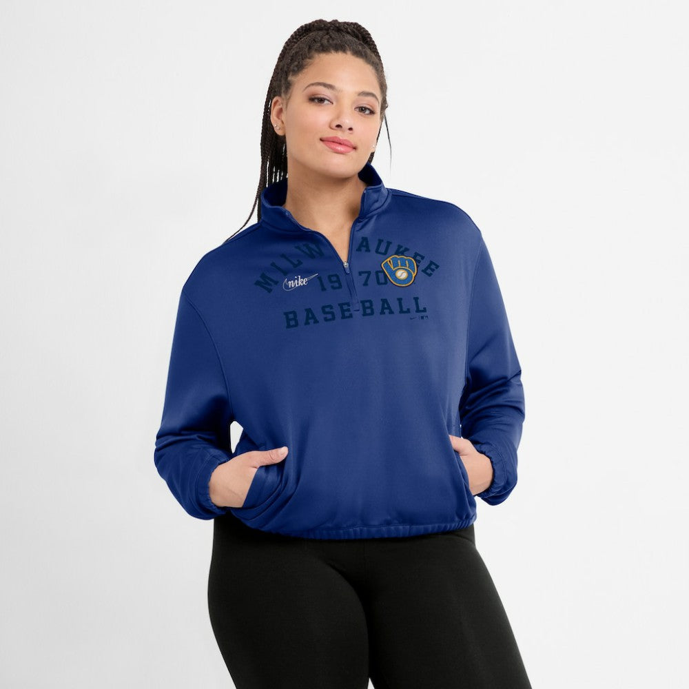 Milwaukee Brewers Women's Rewind Splice Half-Zip Semi-Cropped Bubble Hem Sweatshirt - Royal | Nike