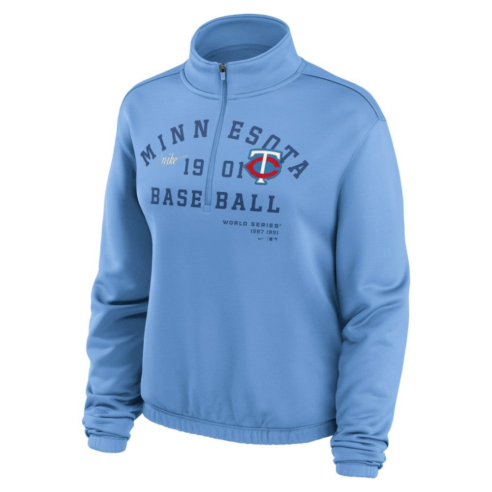 Minnesota Twins Women's Rewind Splice Half-Zip Semi-Cropped Bubble Hem Sweatshirt - Light Blue | Nike