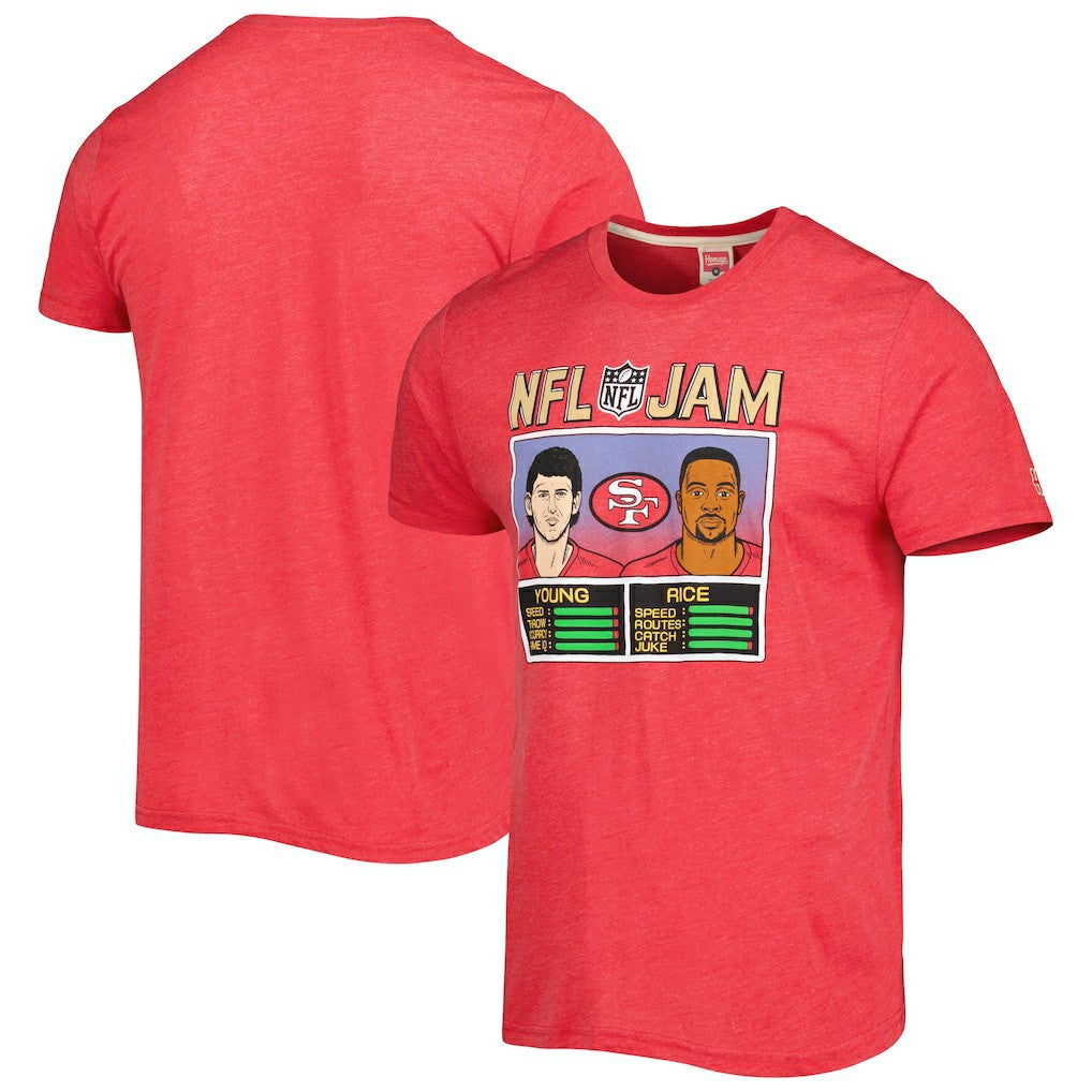 Jerry Rice & Steve Young San Francisco 49ers Homage Unisex NFL Jam Retired Tri-Blend T-Shirt - Scarlet for sale