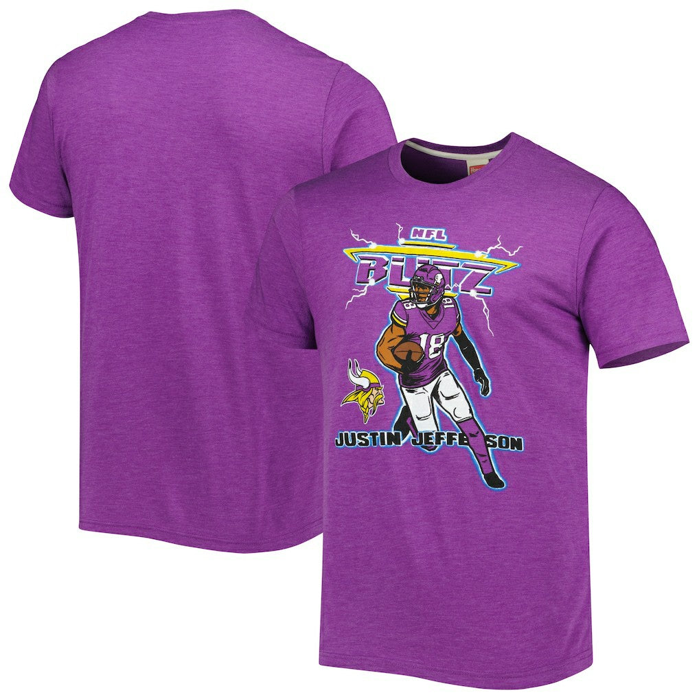 Justin Jefferson Minnesota Vikings Homage Unisex NFL Blitz Player Tri-Blend T-Shirt - Heathered Heather Purple for sale